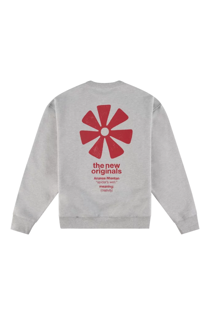 Sweatshirt Adinkra Light Grey Mélange avec symbole Ananse Ntentan rouge au dos