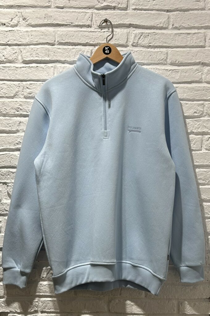 Pull trucker Belharra bleu glacier à col 1/4 zip, vue avant